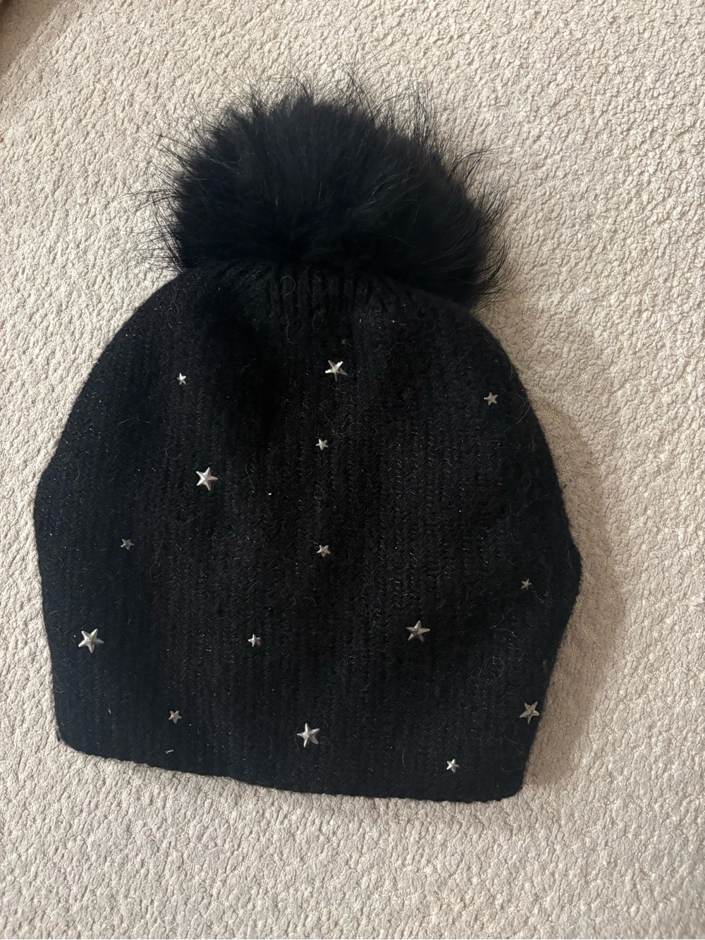 Women’s Cashmere Black Real Fur Pom-Pom Beanie with Silver Star Accents